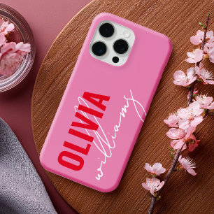 Funda Para iPhone 15 Pro Max Monograma moderno de nombre rojo rosado