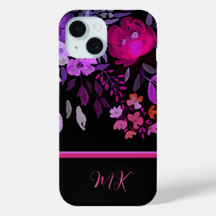 Funda Para iPhone 15 Monograma moderno elegante morado rosado floral