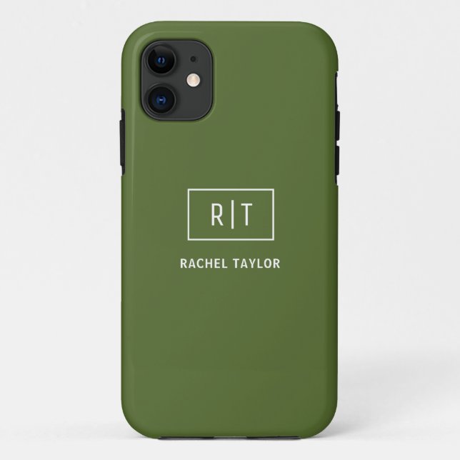 Funda De Case-Mate Para iPhone Monograma moderno en verde oliva oscuro (Reverso)