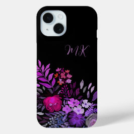 Funda Para iPhone 15 Monograma moderno Feminine Purple Pink Floral Negr