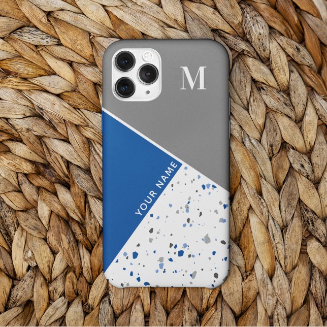 Funda De Case-Mate Para iPhone Monograma moderno geométrico azul gris Terrazzo (Subido por el creador)