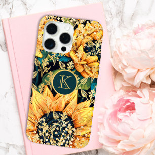 Funda Para iPhone 15 Pro Max Monograma Moderno Girasol Brillo Personalizado