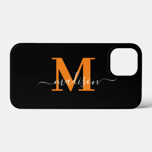 Funda Para iPhone 13 Mini Monograma moderno negro y Naranja Funda-Mate iPhon