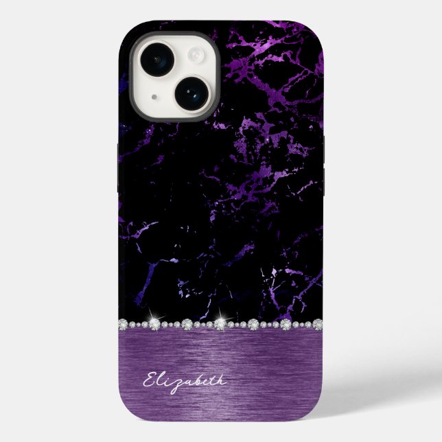 Funda De Case-Mate Para iPhone Monograma moderno Purpurina de Mármol Púrpura Negr (Reverso )