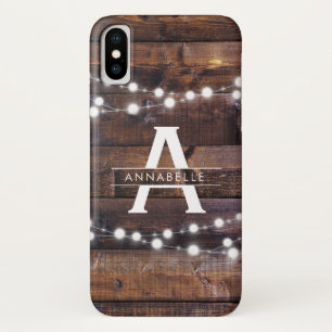 Funda Para iPhone X Monograma Moderno Rustic Madera String Luces País