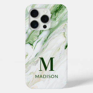Funda Para iPhone 15 Pro Monograma Moderno Verde Blanco Estilo Personalizad