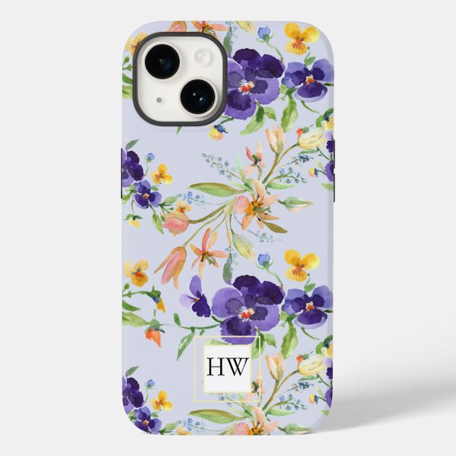 Funda De Case-Mate Para iPhone Monograma morado de flor silvestre acuarela (Reverso )
