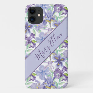 Funda Para iPhone 11 Monograma Morado Iris Amarillo Floral Acuarela