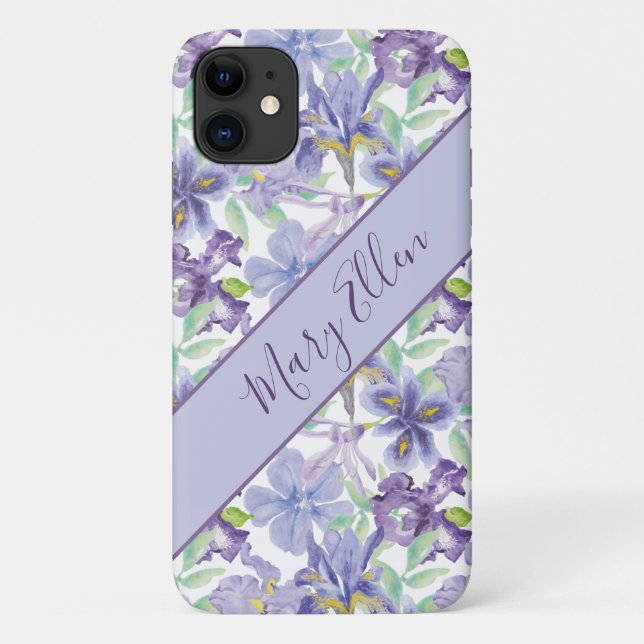 Funda De Case-Mate Para iPhone Monograma Morado Iris Amarillo Floral Acuarela (Reverso)