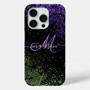 Funda Para iPhone 15 Pro Monograma morado y verde Purpurina