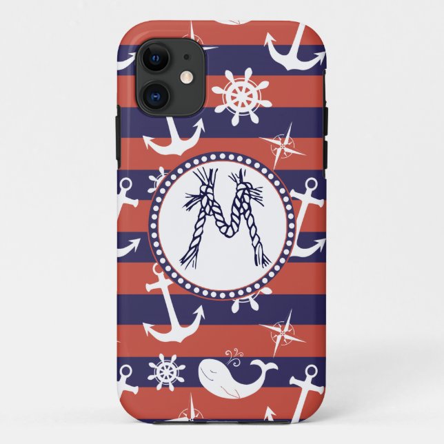 Funda De Case-Mate Para iPhone Monograma náutico de las rayas de los azules (Reverso)