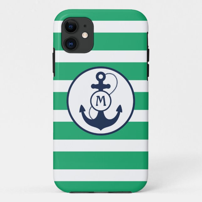 Funda De Case-Mate Para iPhone Monograma náutico verde del ancla (Reverso)