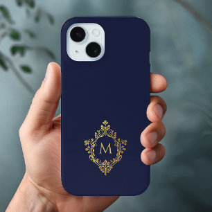 Funda Para iPhone 15 Monograma Navy Blue Elegant Escudo Faux Gold Inici