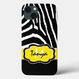 Funda Para iPhone 13 Monograma negro, banda de cebra amarilla estuche p