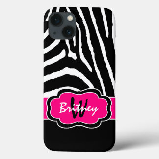 Funda Para iPhone 13 Monograma negro, banda de cebra rosa estuche para