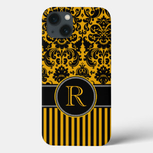 Funda Para iPhone 13 Monograma negro, banda de Damasco amarillo estuche