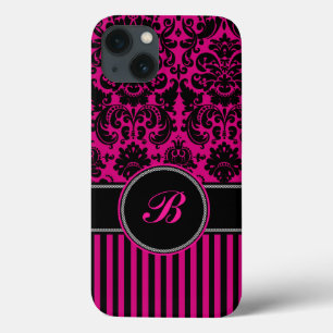 Funda Para iPhone 13 Monograma negro, banda de Damasco rosa estuche par
