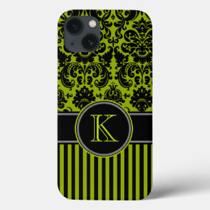 Funda Para iPhone 13 Monograma negro, banda verde Damask para iPad estu