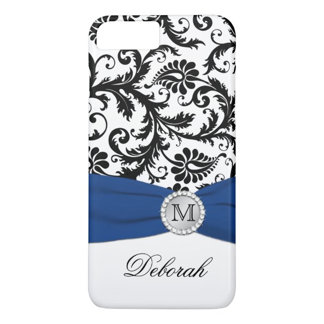 Funda De Case-Mate Para iPhone Monograma negro, blanco, azul Damask iPhone 7 Fund (Reverso)
