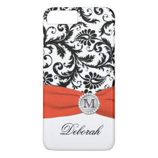 Monograma negro, blanco, Naranja Damask Funda para