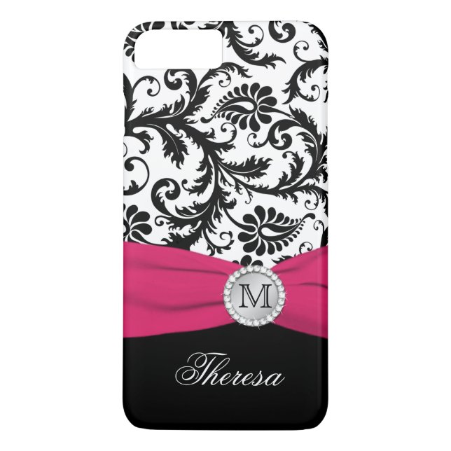 Funda De Case-Mate Para iPhone Monograma negro, blanco, negro Damasco rosado Fund (Reverso)