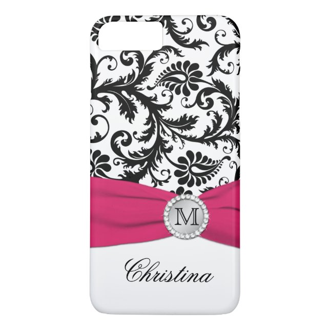 Funda De Case-Mate Para iPhone Monograma negro, blanco, negro Damasco rosado Fund (Reverso)