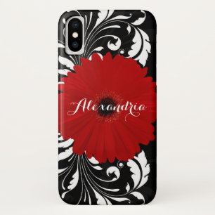 Funda Para iPhone X Monograma negro bonito de la margarita roja