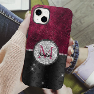 Funda Para iPhone 14 De Case-Mate Monograma negro burlono Purpurina plateado burdeos