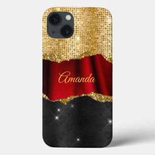 Funda Para iPhone 13 Monograma negro de oro rojo Purpurina falso elegan