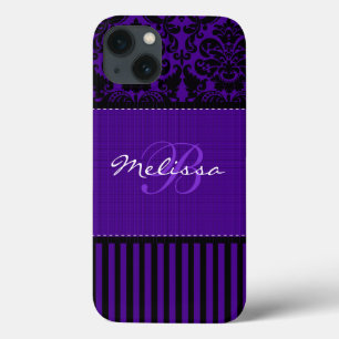 Funda Para iPhone 13 Monograma Negro, Purple Damask Stripe iPad Air Cas