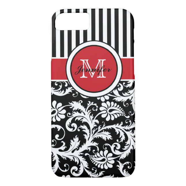 Funda De Case-Mate Para iPhone Monograma negro rojo blanco tira Damasco (Reverso)