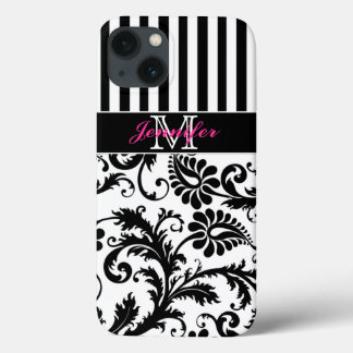 Funda Para iPhone 13 Monograma Negro Rosa Blanco Rayado Damask iPad Air