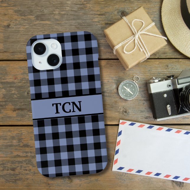 Funda De Case-Mate Para iPhone Monograma negro y azul trenzado en búfalo (Black Blue Buffalo Plaid iPhone case. Monogrammed initials or name)