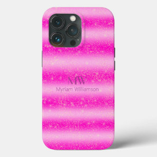 Funda Para iPhone 13 Pro Monograma Nombre Bandas rosadas de Purpurina Rubor