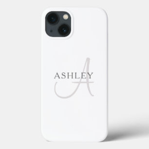 Funda Para iPhone 13 Monograma nombre elegante Blanco y gris