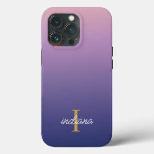 Funda Para iPhone 13 Pro Monograma Nombre en guión elegante con ombre azul 