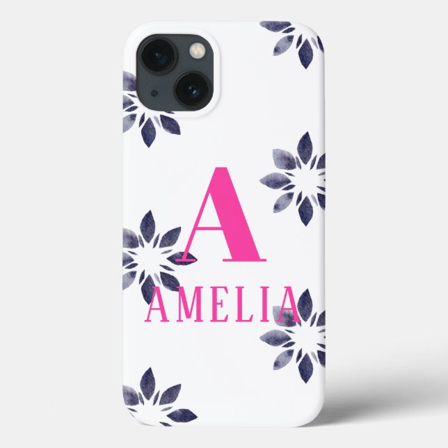 Funda De Case-Mate Para iPhone Monograma Nombre Flor azul Rosa Retro (Reverso)