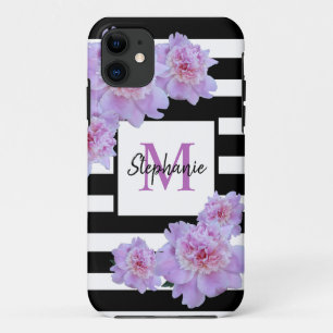 Funda Para iPhone 11 Monograma Nombre Flor rosa Banda negra Púrpura