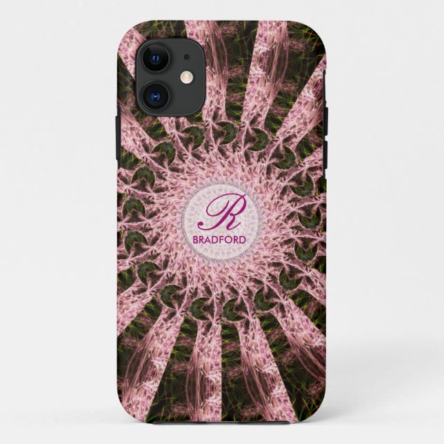 Funda De Case-Mate Para iPhone Monograma Nombre Fractal Rosa Personalizado de art (Reverso)