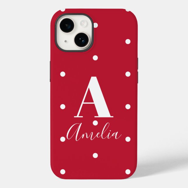 Funda De Case-Mate Para iPhone Monograma Nombre Patrón de puntos de polka rojo (Reverso )