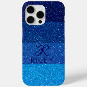 Funda Para iPhone 15 Pro Max Monograma Nombre purpurina azul