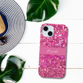 Funda Para iPhone 15 Monograma Nombre Purpurina rosado caliente Sparkle