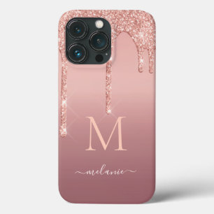 Funda Para iPhone 13 Pro Monograma Nombre Rosa Oro Purpurina Rubor Esparkle