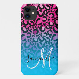 Funda Para iPhone 11 Monograma Ombre de Leopardo Rosa Caliente y Aqua