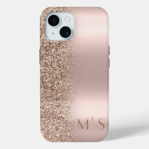 Funda Para iPhone 15 Monograma Ombre Rosa Oro Purpurina moderno