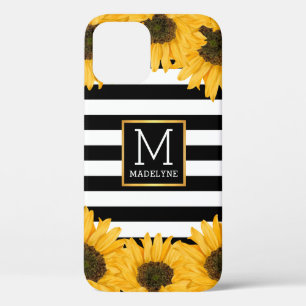 Funda Para iPhone 12 Monograma Oro de girasol blanco negro a rayas