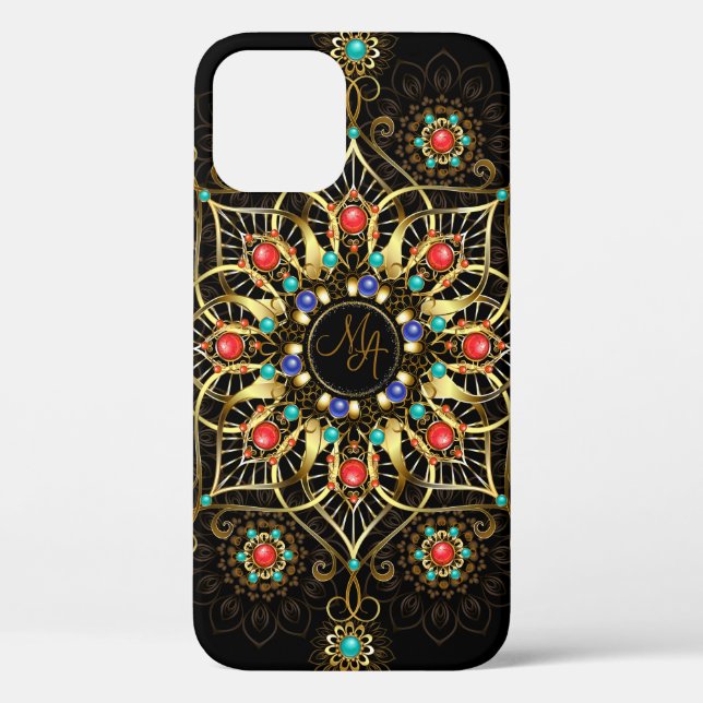 Funda De Case-Mate Para iPhone Monograma Oro Turquido Rojo Mandala Jewel (Reverso )