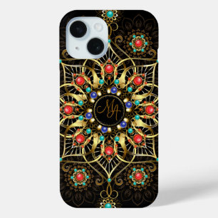 Funda Para iPhone 15 Monograma Oro Turquido Rojo Mandala Jewel