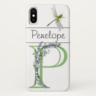 Funda Para iPhone X Monograma P Lavender Eucalyptus con libélula
