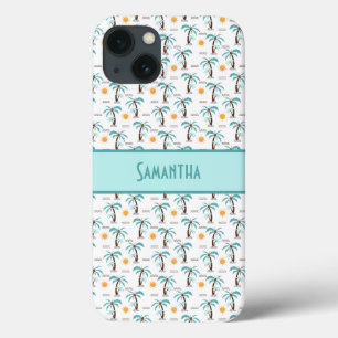 Funda Para iPhone 13 Monograma Palmas Tropicales Sol Playa Azul Turques